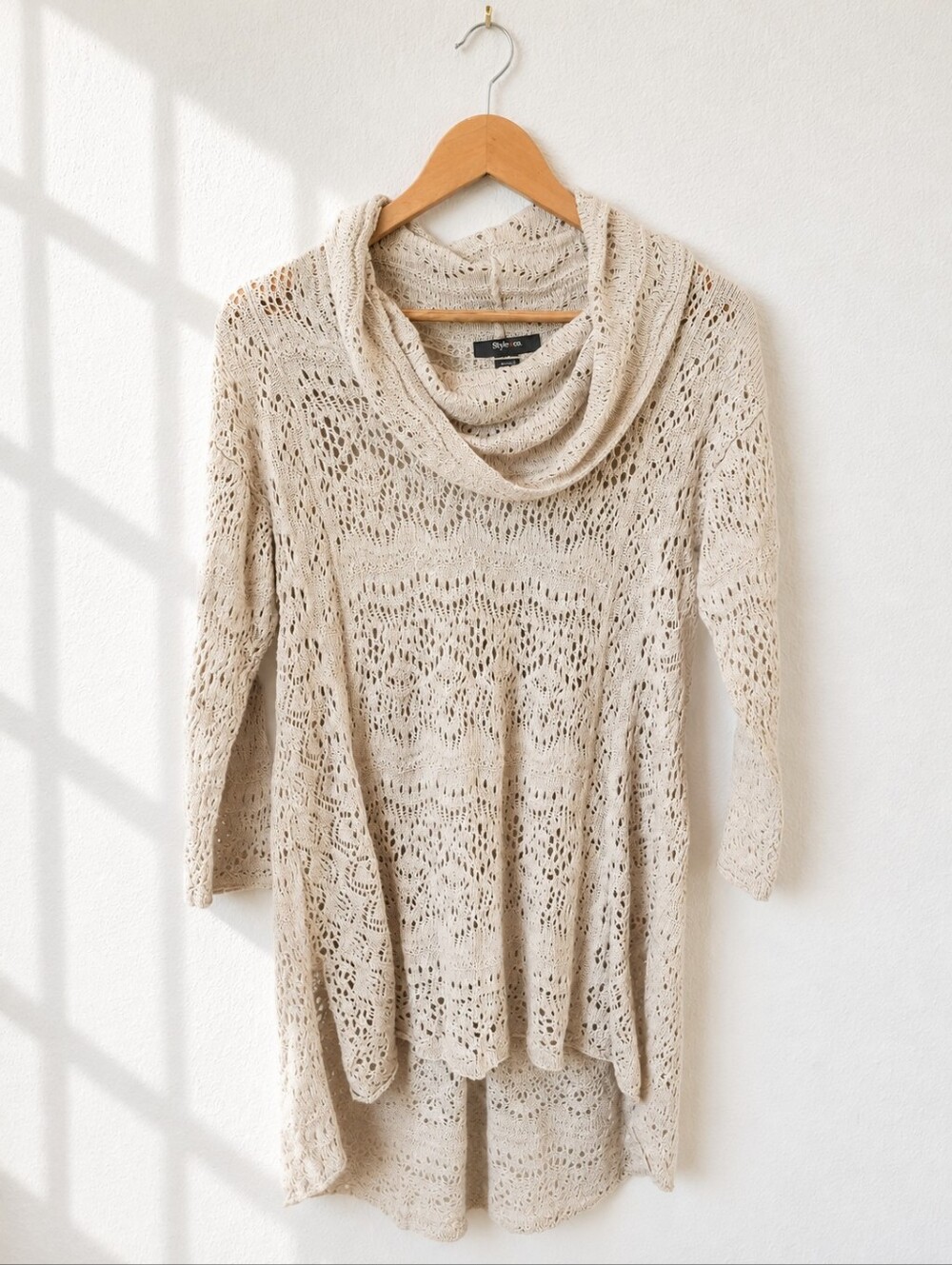 Style & Co Pointelle Cowl Neck High Low Tunic Sweater S Fairy Grunge